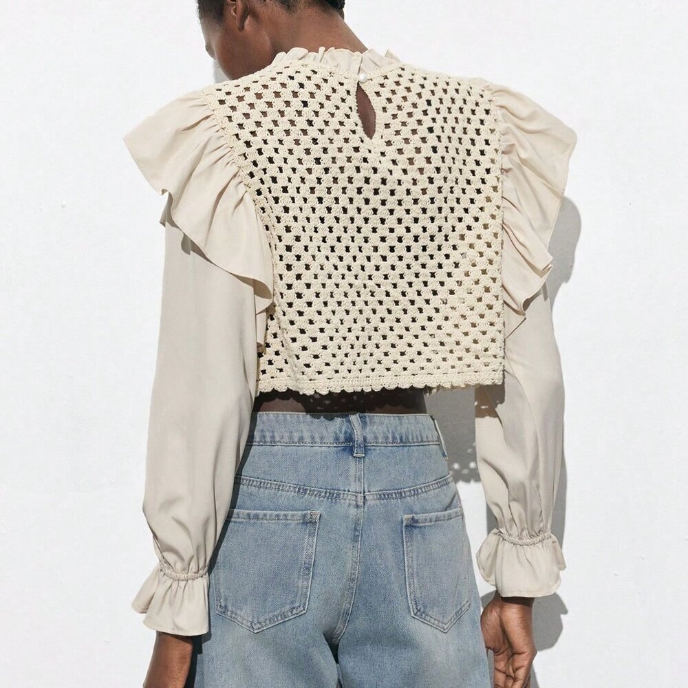 Khaki Casual Women's Apricot Hollow Hook Flower Splicing Ruffles Top - Picture 6 of 7
